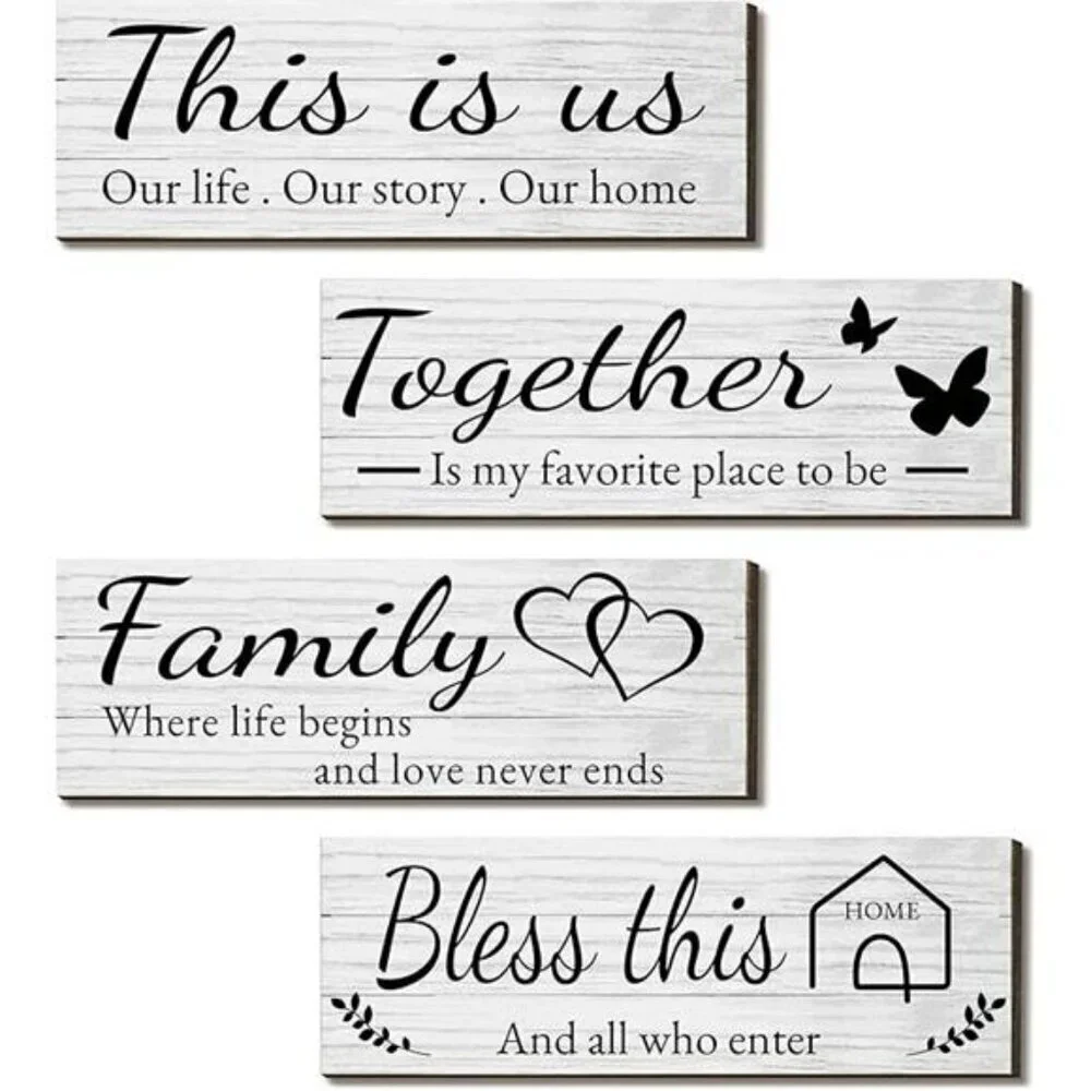 4 Pieces Wooden Home Wall Art Decor Rustic Farmhouse Decor Signs For Living Room